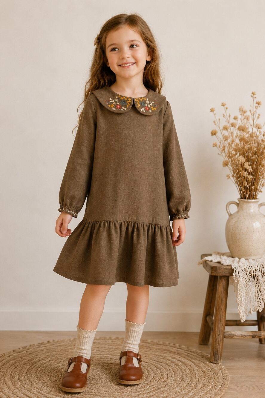 Hand Made 100% Linen Girls 7/8yo Boho Dress Embroidered Long Sleeve Cottagecore